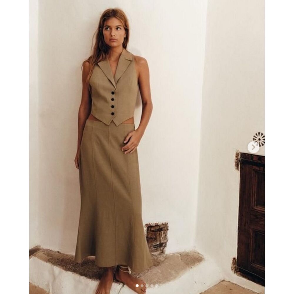 Khaki Brown Zara Flounce Hem Midi Skirt (NWT)